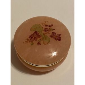 Vintage Hinged Alabaster Trinket Box Lefton Italy Champagne Pink W/floral 3 1/4"